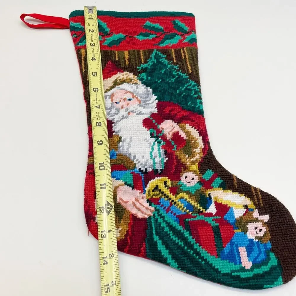 Vintage Needlepoint Wool Christmas Stocking Santa Bag of Toys